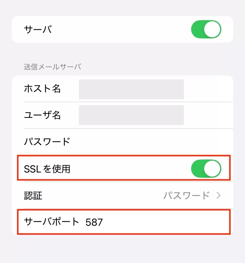 SSLを使用がオンになっていて、サバーポート番号が587になっている